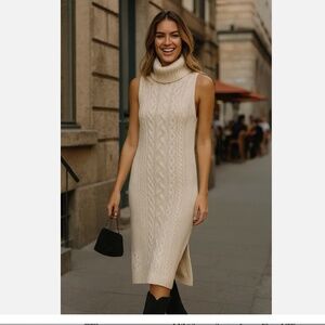 NWT 525 Cable Knit Sleeveless Turtleneck Midi Dress Size Large Chalk Acrylic